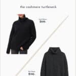Pinterest image of a Jenni Kayne dupe for the cashmere turtleneck sweater in charcoal grey compared to the Jenni Kayne original in black