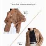 Pinterest image of a Jenni Kayne dupe for the cable cocoon cardigan in camel compared to the original Jenni Kayne sweater