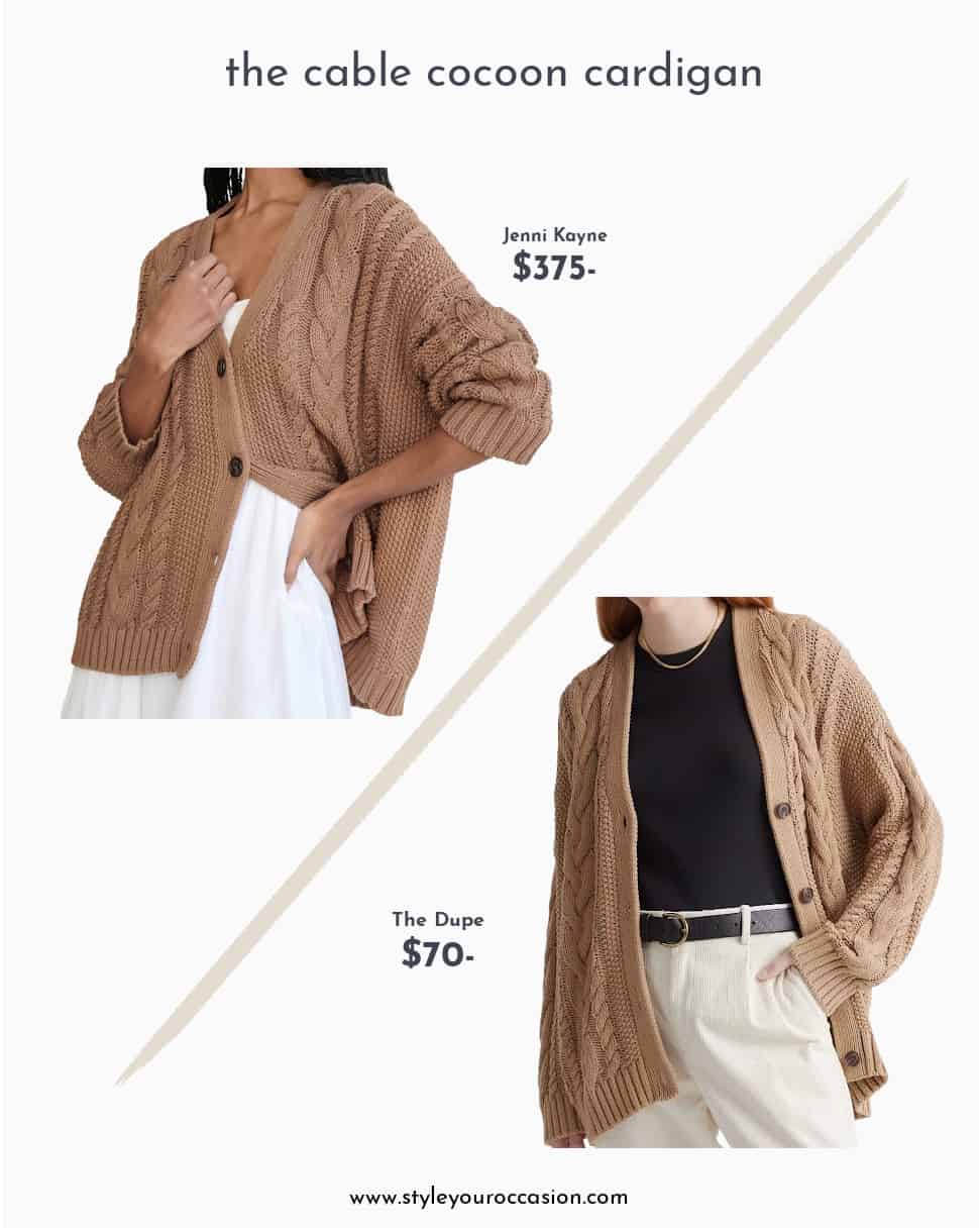 image of a Jenni Kayne dupe for the cable cocoon cardigan in camel compared to the original Jenni Kayne sweater