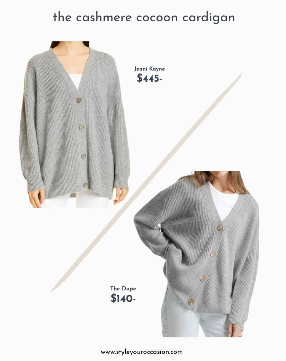 image with a Jenni Kayne cocoon cardigan in grey compared to a dupe cardigan for less