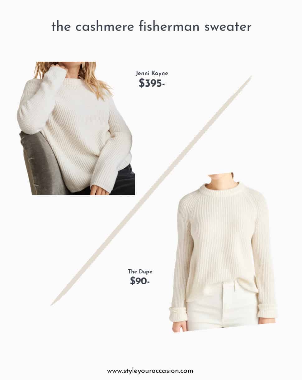 image with a Jenni Kayne cashmere fisherman sweater in ivory compared to a dupe sweater for less
