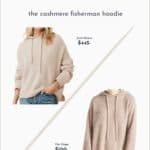 Pinterest image with a Jenni Kayne cashmere fisherman hoodie in oatmeal compared to a dupe hoodie for less