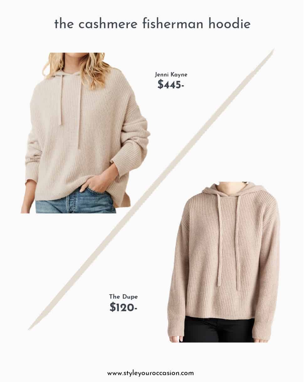image of a Jenni Kayne dupe of the cashmere fisherman hoodie in oatmeal compared to the Jenni Kayne original