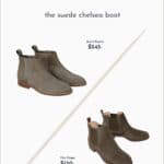 Pinterest image of a Jenni Kayne dupe for the suede chelsea boots in Olive compared to the original