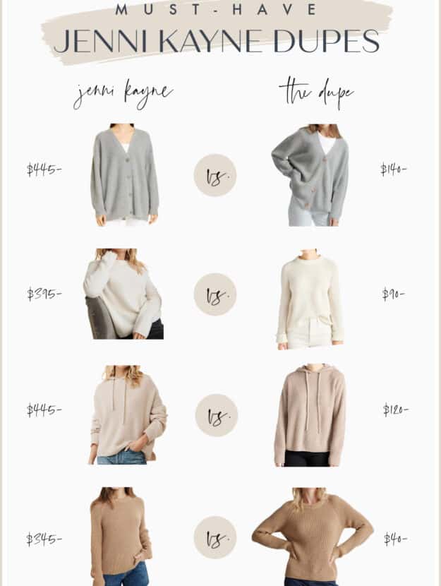 Pinterest collage of Jenni Kayne sweaters and their dupes and look-alikes for less