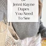 woman wearing a grey cashmere fisherman sweater with white cotton shorts with text overlay "8" Jenni Kayne dupes you need to see"