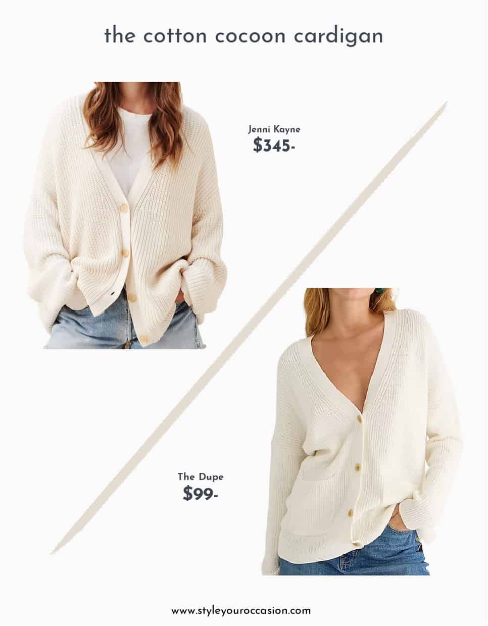 Pinterest image of a Jenni Kayne dupe for the cotton cocoon cardigan in ivory compared to the Jenni Kayne original