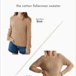 Pinterest image of a Jenni kayne cotton fisherman sweater dupe compared to the original in camel color