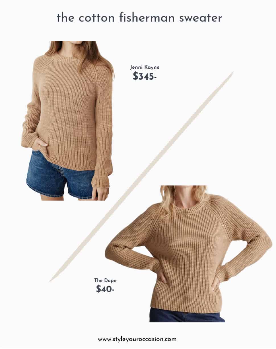 image of a Jenni kayne cotton fisherman sweater dupe compared to the original in camel color