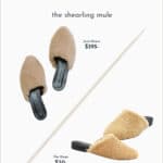 Pinterest image of the Jenni Kayne shearling mules and a dupe pair of shearling mules in comparison