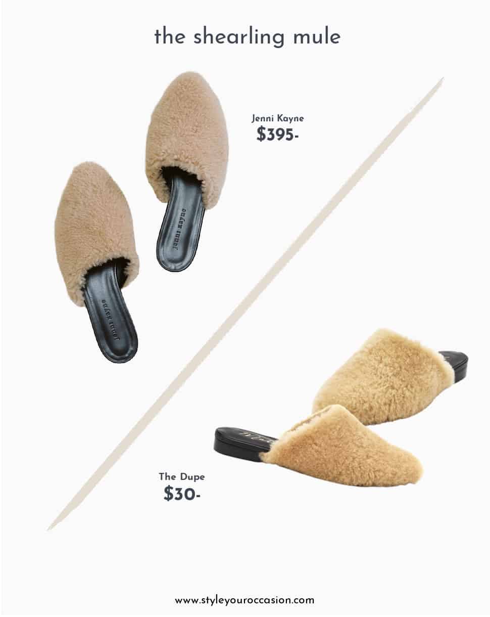 image of the Jenni Kayne shearling mules and a dupe pair of shearling mules in comparison