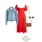 outfit combination of a red dress with white sneakers and a jean jacket