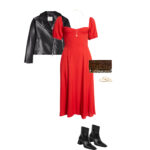 outfit combination of a red dress with black leather boots