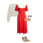 Outfit combination of a red dress with leopard print shoes