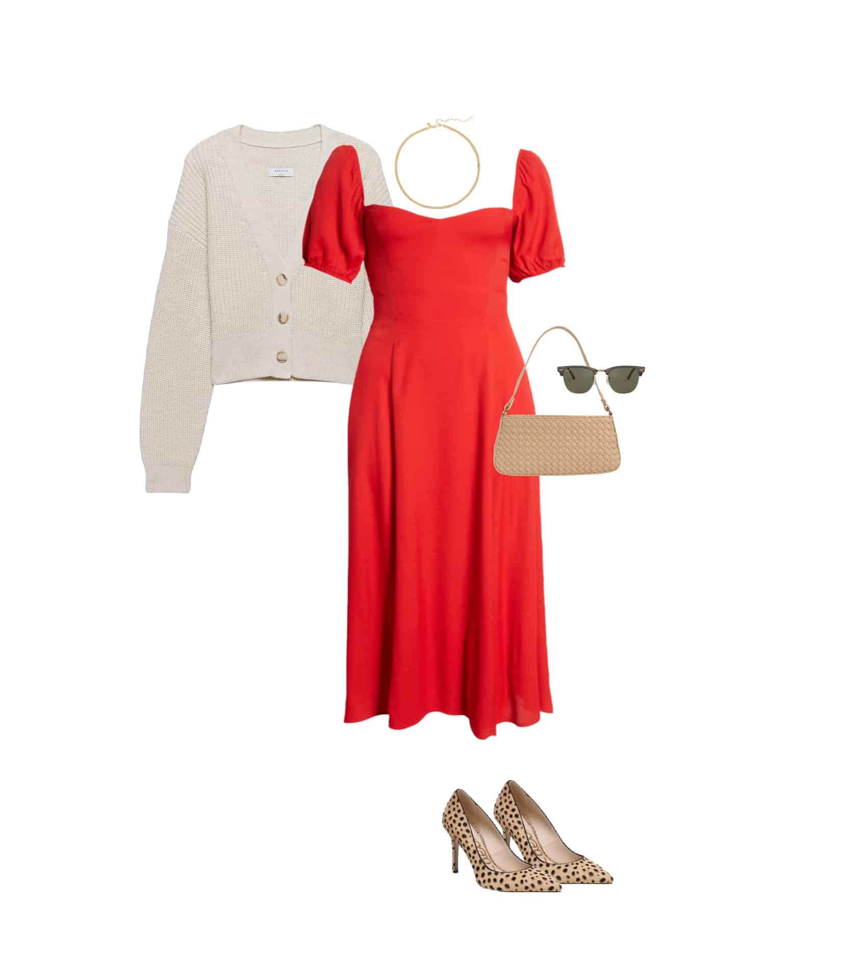 Outfit combination of a red dress with leopard print shoes
