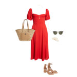outfit combination of a red dress with nude block heeled sandals