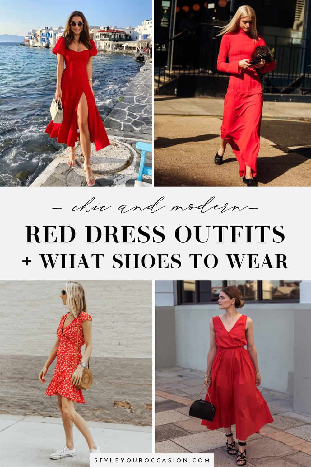 collage of images of women wearing outfits with red dresses