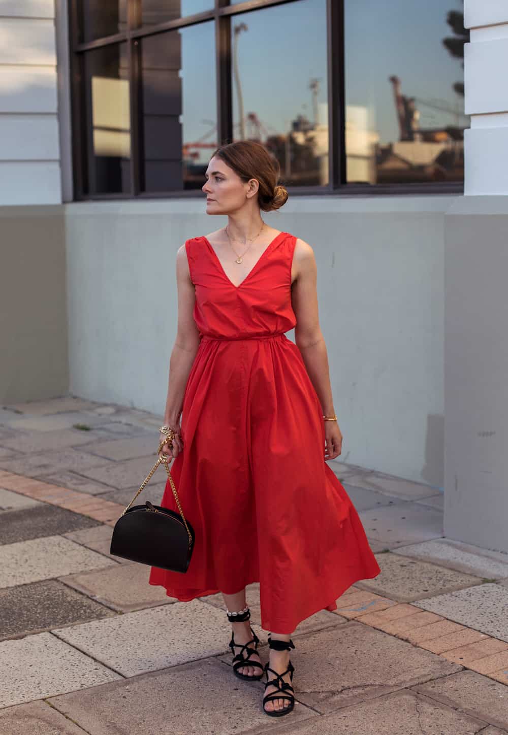 matching accessories for red gown,outfit what color shoes to wear with red dress,red dress silver shoes,casual red dress with denim jacket,