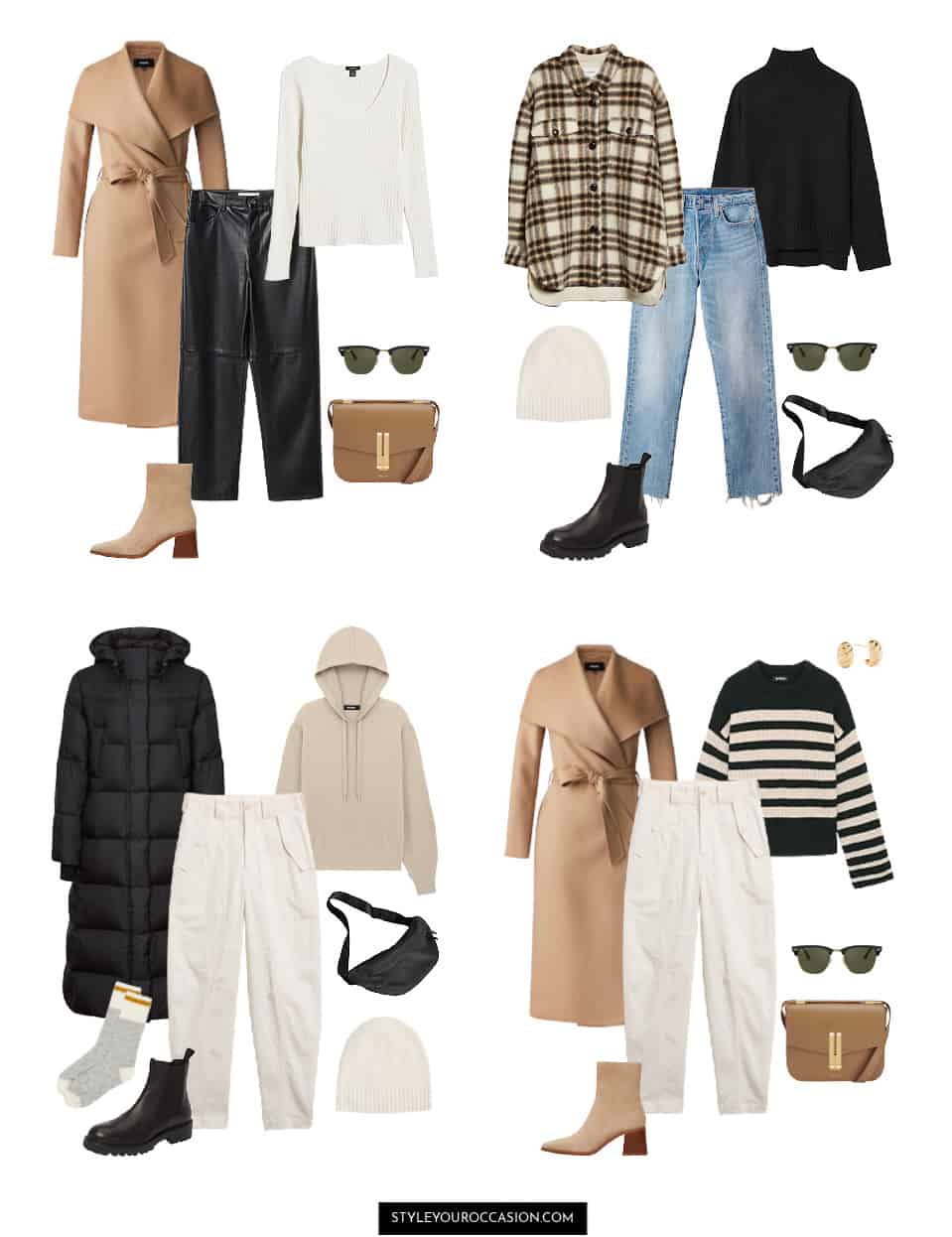 collage of outfits created from a neutral, minimal winter capsule wardrobe for 2022/2023 season