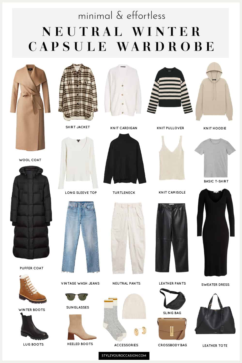 image of a winter capsule wardrobe for 2022/2023 with neutral, modern, minimalist clothing style