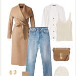 image of a winter outfit with a wool coat, ivory cardigan, knit tank top, jeans, and suede boots