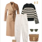 image of a winter capsule outfit with a camel color long wool coat, ivory utility pants, a knit striped sweater and heeled suede boots