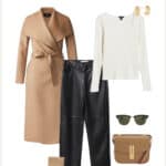 image of a winter capsule outfit with black leather pants, a long sleeve top, suede boots, and a wool camel long coat