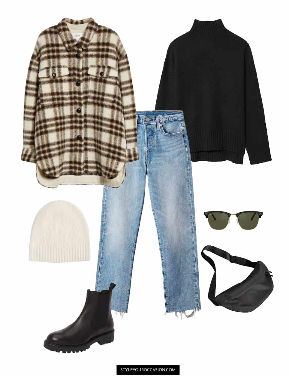 image of an outfit with blue jeans, a plaid shirt jacket, black turtleneck, black boots, ivory beanie, black sling bag, and sunglasses