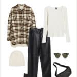 image of a winter capsule outfit with black leather pants, a white ribbed long sleeve shirt, and a plaid shirt jacket with black lug boots