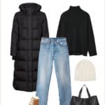 image of a winter capsule outfit with a long black puffer coat, black turtleneck sweater, jeans, and shearling lined winter boots