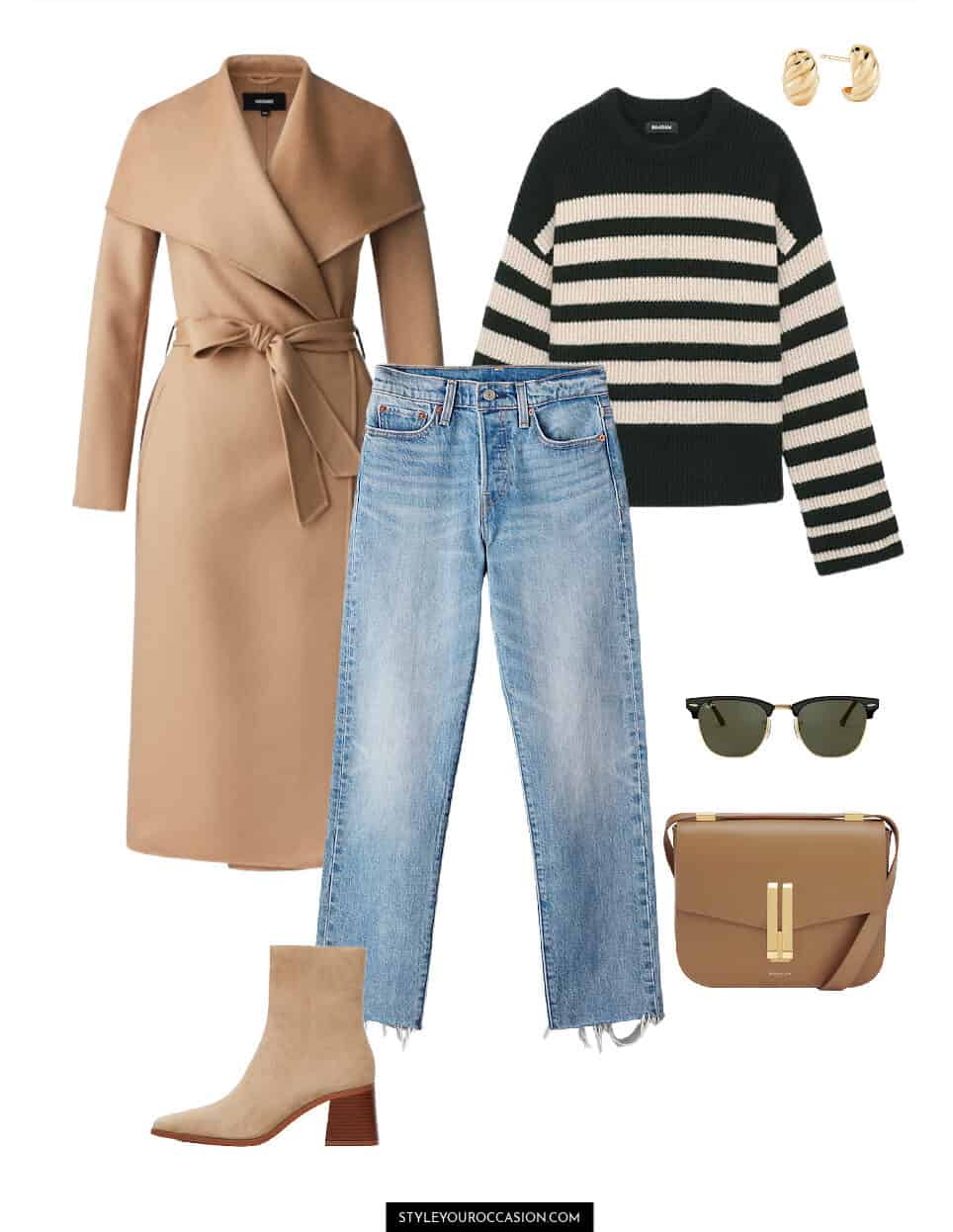 image of an outfit with a black and white striped sweater, long camel wool coat, blue jeans, suede ankle boots, and a brown crossbody bag