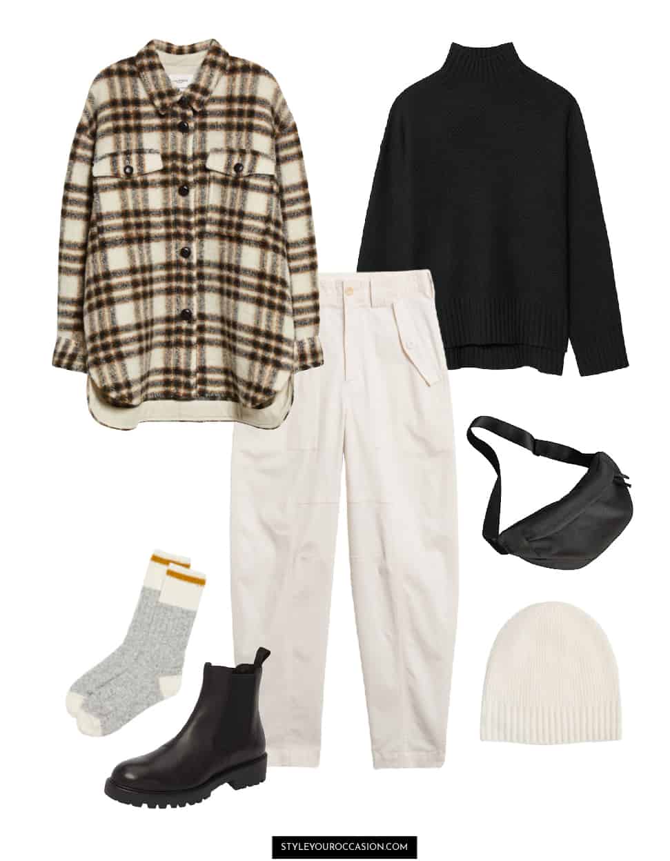 image of an outfit with a plaid shirt jacket, black turtleneck, ivory utility pants, black boots, and an ivory beanie