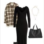 image of a winter capsule outfit with a black sweater dress, plaid shirt jacket, black leather boots, and a tote bag
