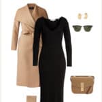 image of a winter capsule outfit with a black sweater dress, long camel wool coat, brown crossbody purse, and suede heeled boots
