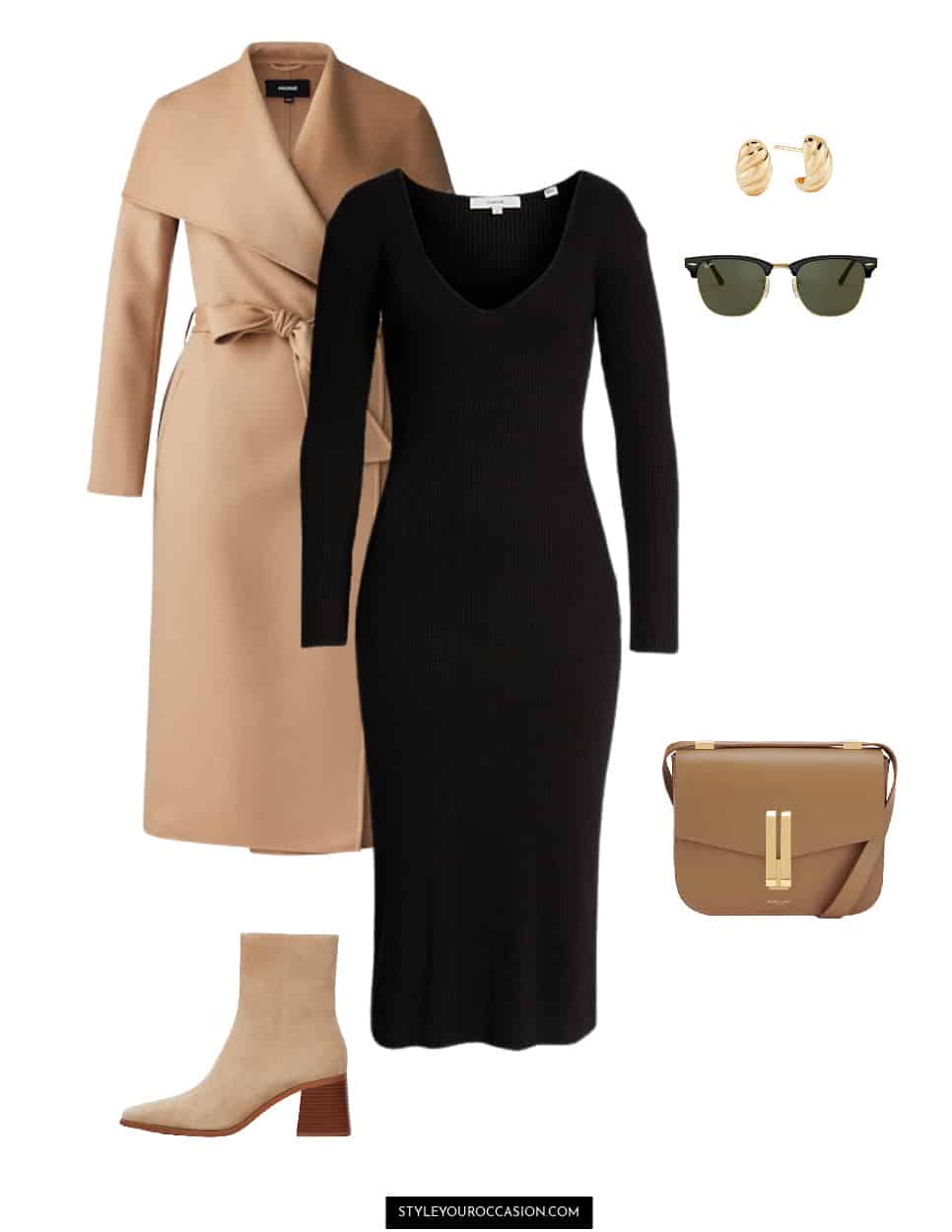 image of a winter capsule outfit with a black sweater dress, camel wool coat, brown crossbody bag, suede tan boots