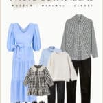 outfit collage for a winter family photoshoot with a blue, cream, and black color palette