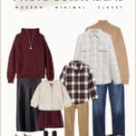 outfit collage for a winter family photoshoot with a burgundy, cream, tan, and black color palette