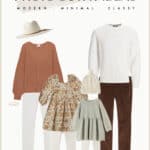 outfit collage for a winter family photoshoot with a rust, sage green, brown, and ivory color palette