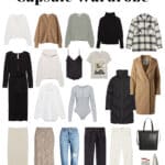collage of clothing items for a winter capsule wardrobe
