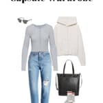 winter outfit with a knit hoodie, denim jeans, and a grey long sleeve henley shirt