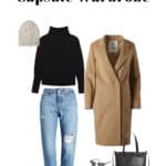 image of a mood board with a fall outfit including jeans and a wool coat