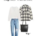 image of clothing for a winter outfit including a white knit sweater, jeans, felted clogs, and a plaid overskirt