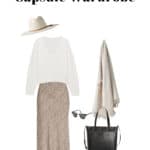 image of an outfit for winter including a white knit sweater, leopard midi skirt, and brown Chelsea boots