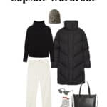 a black and white winter outfit with a black puffer coat and white denim