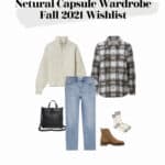 image of an outfit mood board with jeans, a knit pullover sweater, a plaid shirt jacket, and brown boots