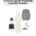 image of an outfit mood board with white overalls, a grey cashmere cardigan, mules, and a black tote bag