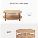 image comparing two wood round coffee tables, one Serena and Lily dupe and the original coffee table