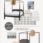 Pinterest image of a bedroom mood board comparing a Serena & Lily styled room to a room with dupes
