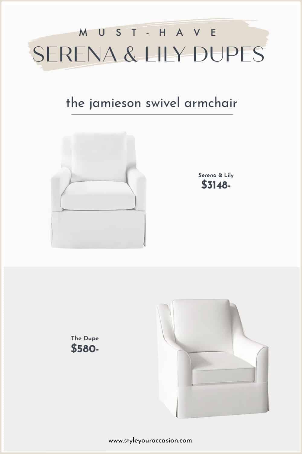 image comparing two white swivel armchairs one Serena and Lily dupe and the original armchair