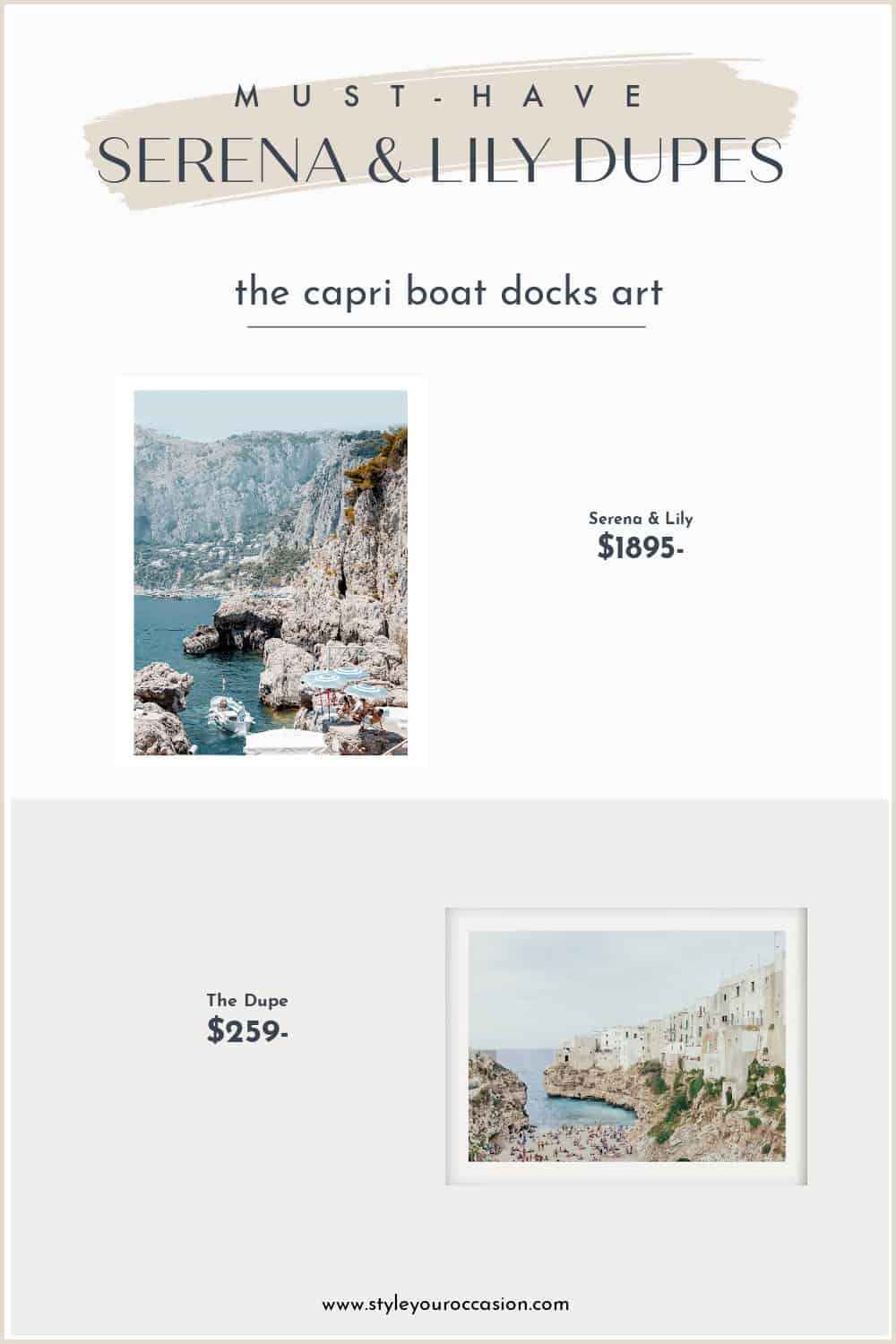 image comparing two coastal photography art prints, one Serena and Lily dupe and the original print